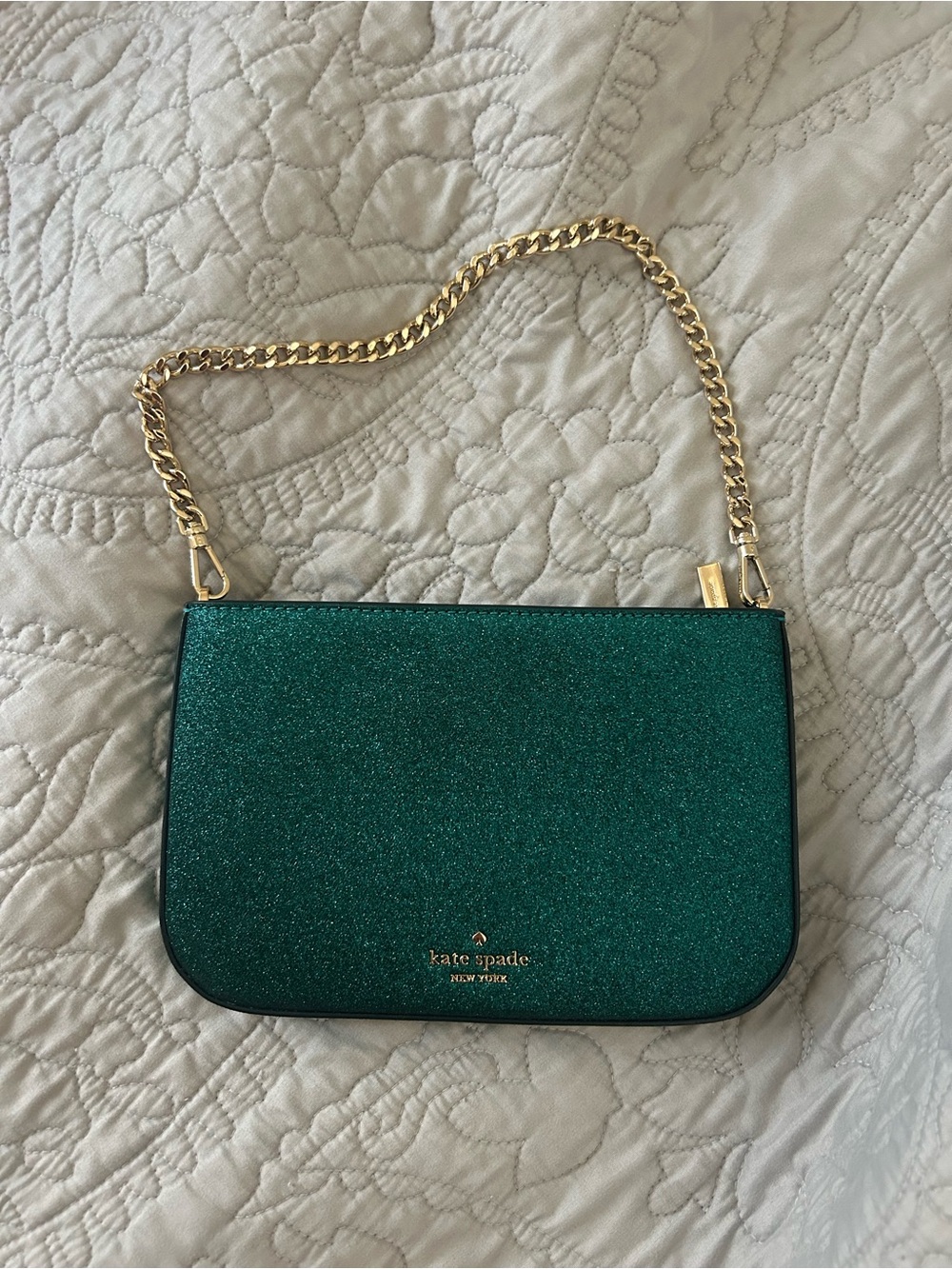 NWOT kate spade green glitter shoulder bag with gold chain